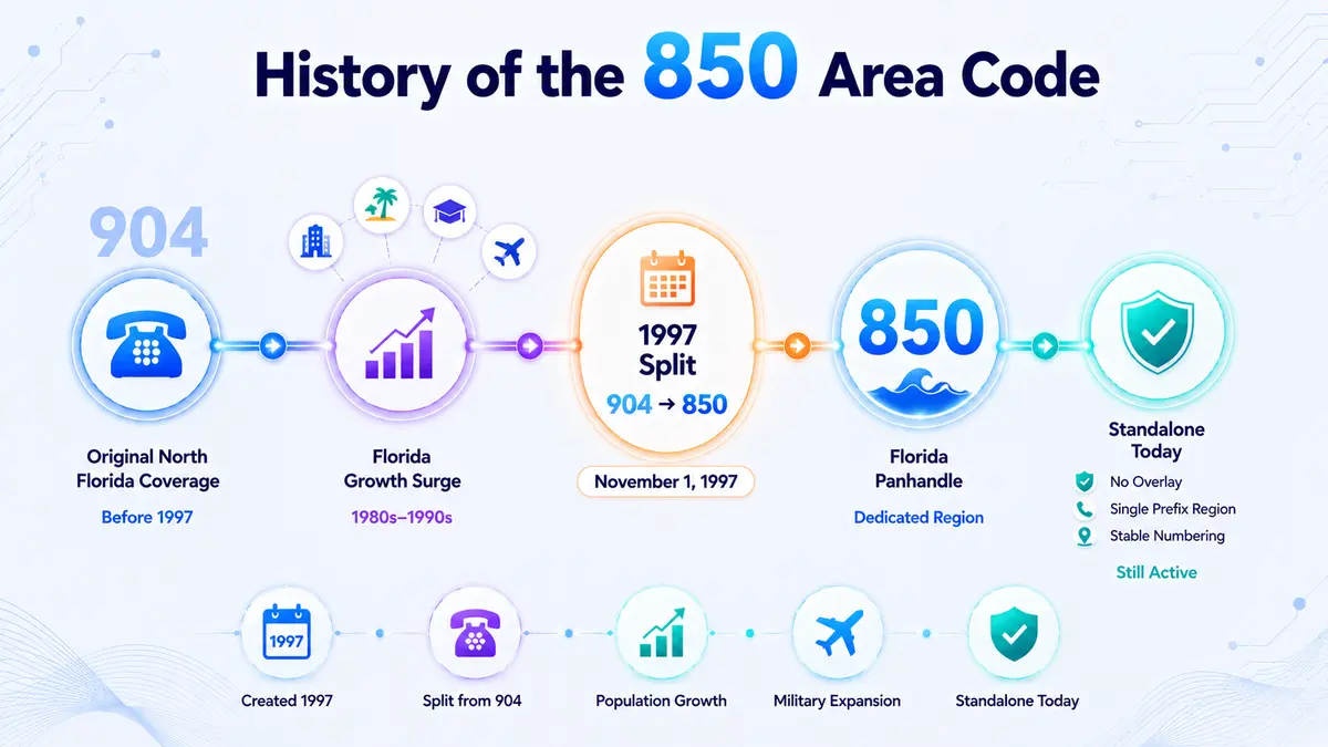 History of the 850 area code — from the original 904 prefix that covered all of northern Florida through the 1997 geographic split that gave the Florida Panhandle its own dedicated 850 prefix, driven by rapid Panhandle population growth and military base expansion