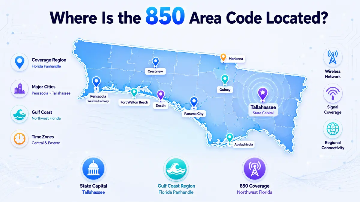 850 area code location map — Florida Panhandle coverage from Escambia County (Pensacola) through Okaloosa County (Fort Walton Beach, Destin), Bay County (Panama City), and Leon County (Tallahassee), spanning both Central Time and Eastern Time zones along the Gulf of Mexico