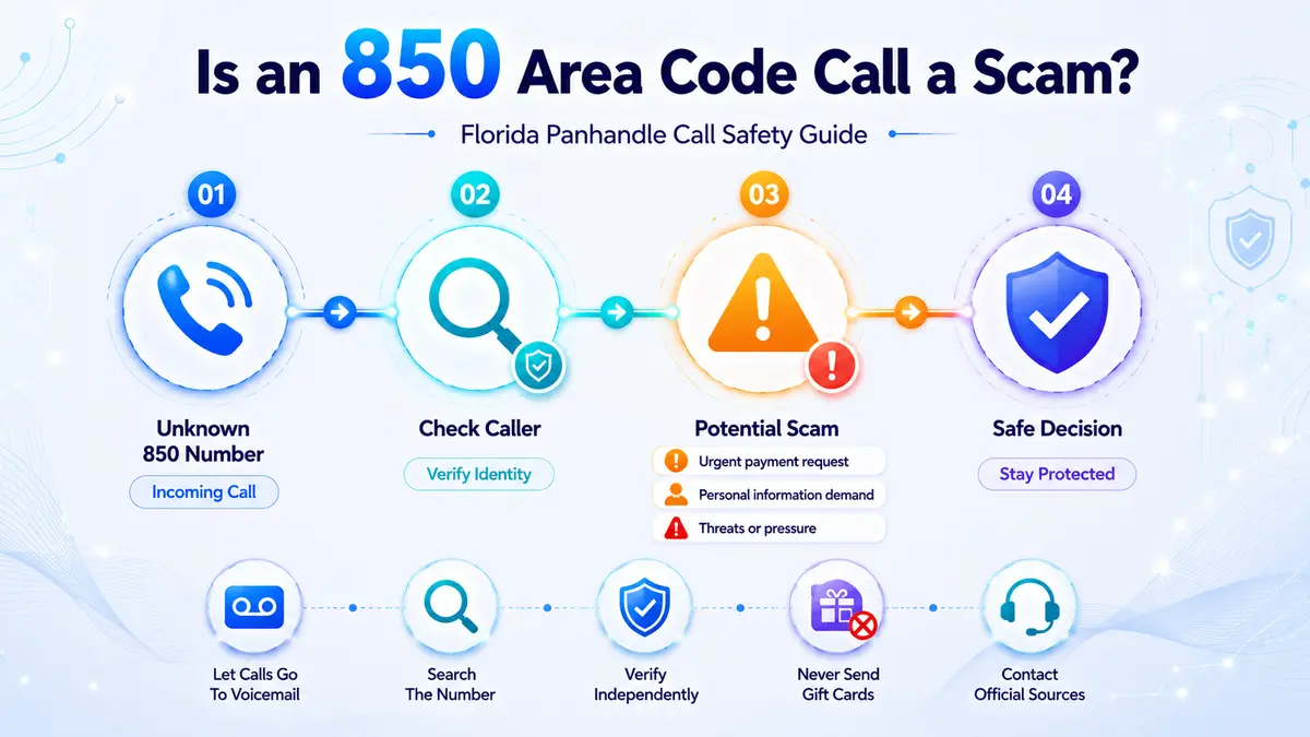 850 area code scam awareness — how to identify spoofed Florida Panhandle phone numbers and protect personal information from caller ID fraud targeting Pensacola, Tallahassee, Panama City, Fort Walton Beach, and military base communities in the 850 zone