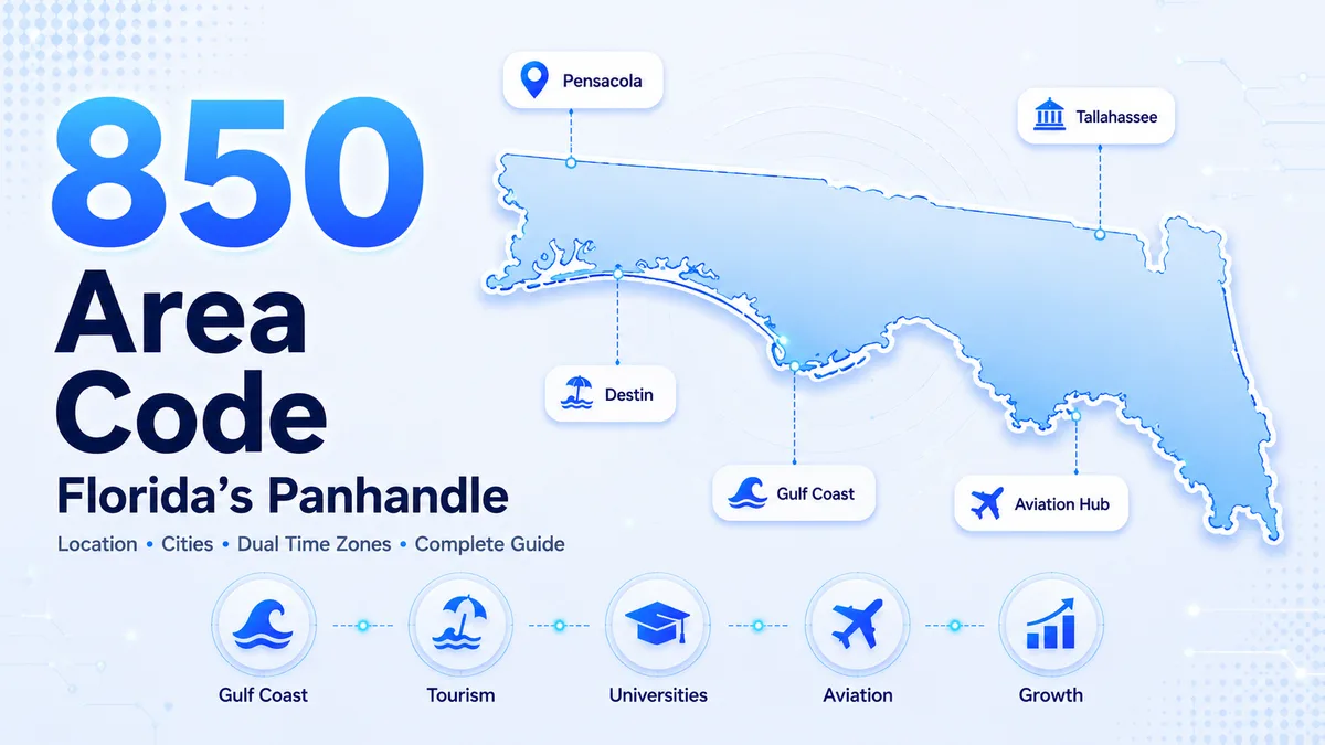 Florida Panhandle Gulf Coast beaches and Tallahassee skyline — 850 area code covering Escambia County (Pensacola), Okaloosa County (Fort Walton Beach, Destin), Bay County (Panama City), and Leon County (Tallahassee) spanning Central Time and Eastern Time zones