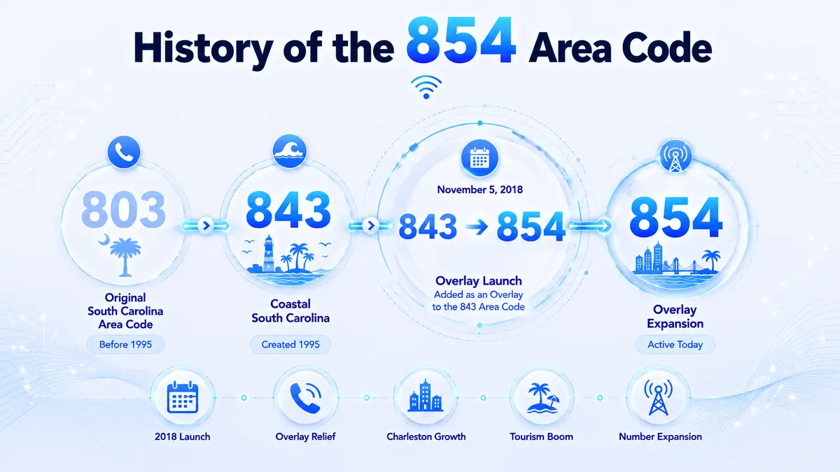 History of the 854 area code — from the original 803 code that served all of South Carolina, through the 1995 creation of the 843 prefix for coastal SC, to the November 2018 introduction of the 854 overlay driven by Charleston's port growth and Myrtle Beach tourism expansion