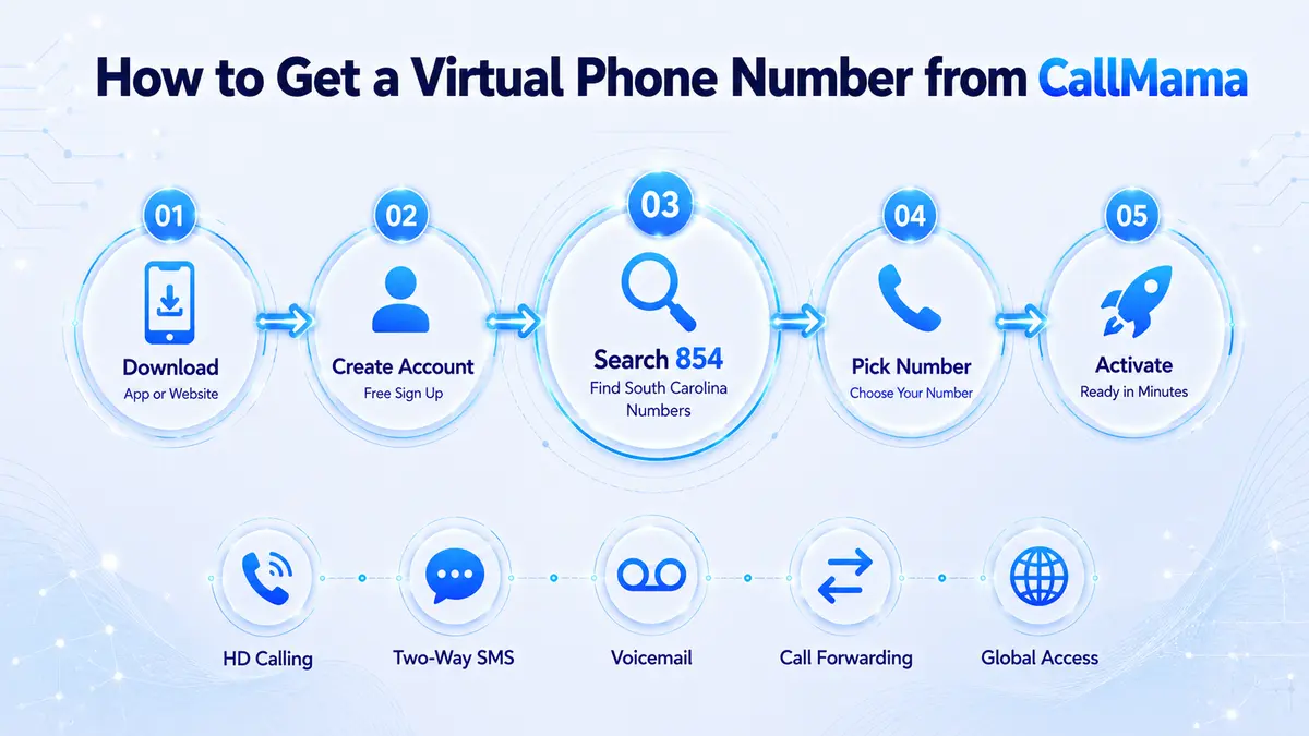 How to get an 854 area code virtual phone number — CallMama activation steps for Charleston, Myrtle Beach, Hilton Head Island, Florence, and the broader coastal South Carolina market