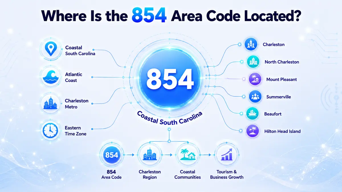854 area code location map — coastal South Carolina overlay covering Charleston, Myrtle Beach, Hilton Head Island, Florence, Georgetown, Conway, Beaufort, Walterboro, and Orangeburg in eastern South Carolina on Eastern Time