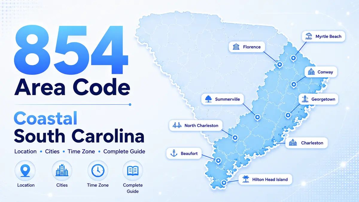 Charleston Harbor and South Carolina coastline — 854 area code overlaying the 843 prefix across coastal South Carolina including Charleston, Myrtle Beach, Hilton Head Island, Florence, Georgetown, Conway, and Beaufort on Eastern Time