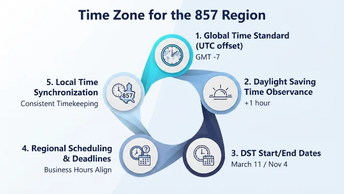 Time zone for the 857 area code region — Eastern Standard Time and Eastern Daylight Time