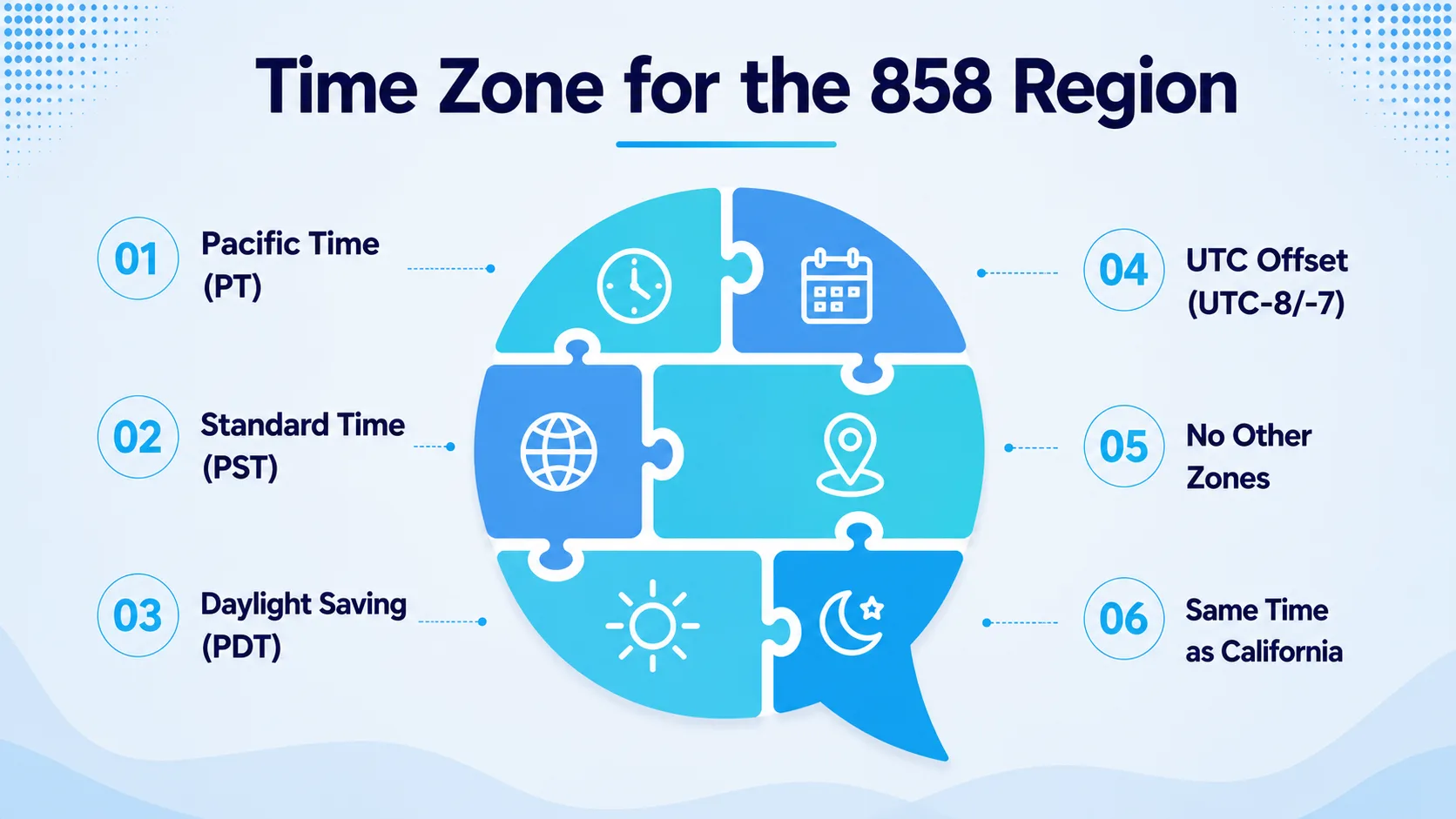 Time zone for the 858 area code region — Pacific Standard Time and Pacific Daylight Time