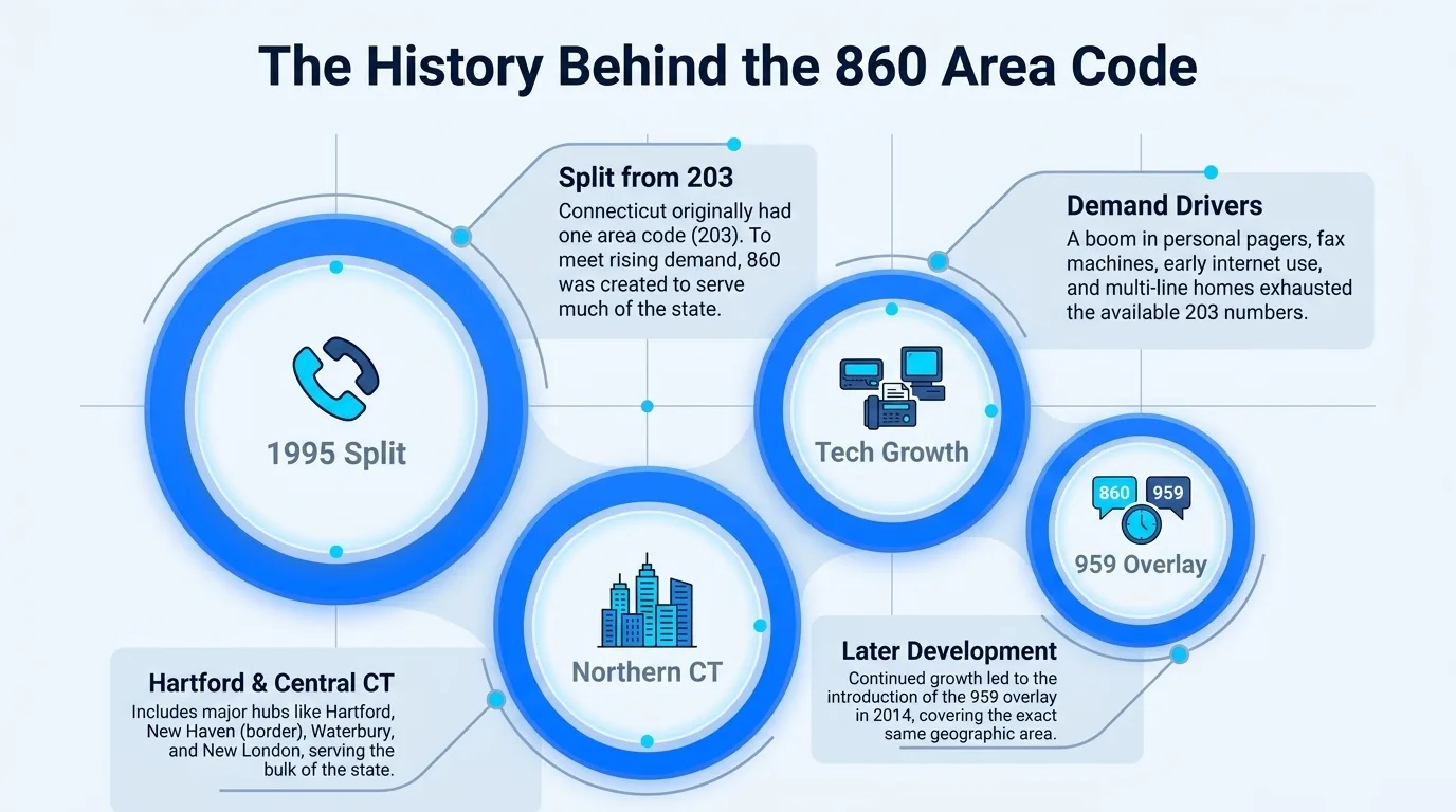 The history of the 860 area code — 1995 split from 203 through the 959 overlay