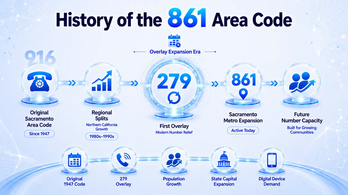History of the 861 area code — from the original 916 area code serving Sacramento since 1947, through the introduction of the 279 overlay, to the 861 overlay created to address continued numbering exhaustion driven by population growth and Bay Area tech migration to the Sacramento Valley