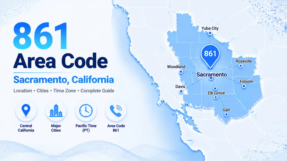 Sacramento skyline and California state capitol building — 861 area code overlaying the 916 and 279 prefixes across Sacramento city, Elk Grove, Roseville, Folsom, Rancho Cordova, Citrus Heights, and Davis in the Sacramento Valley on Pacific Time
