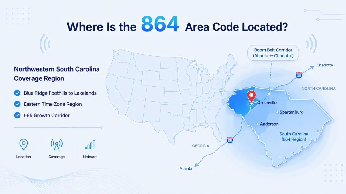 864 area code location map covering Upstate South Carolina — Greenville, Spartanburg, and Anderson