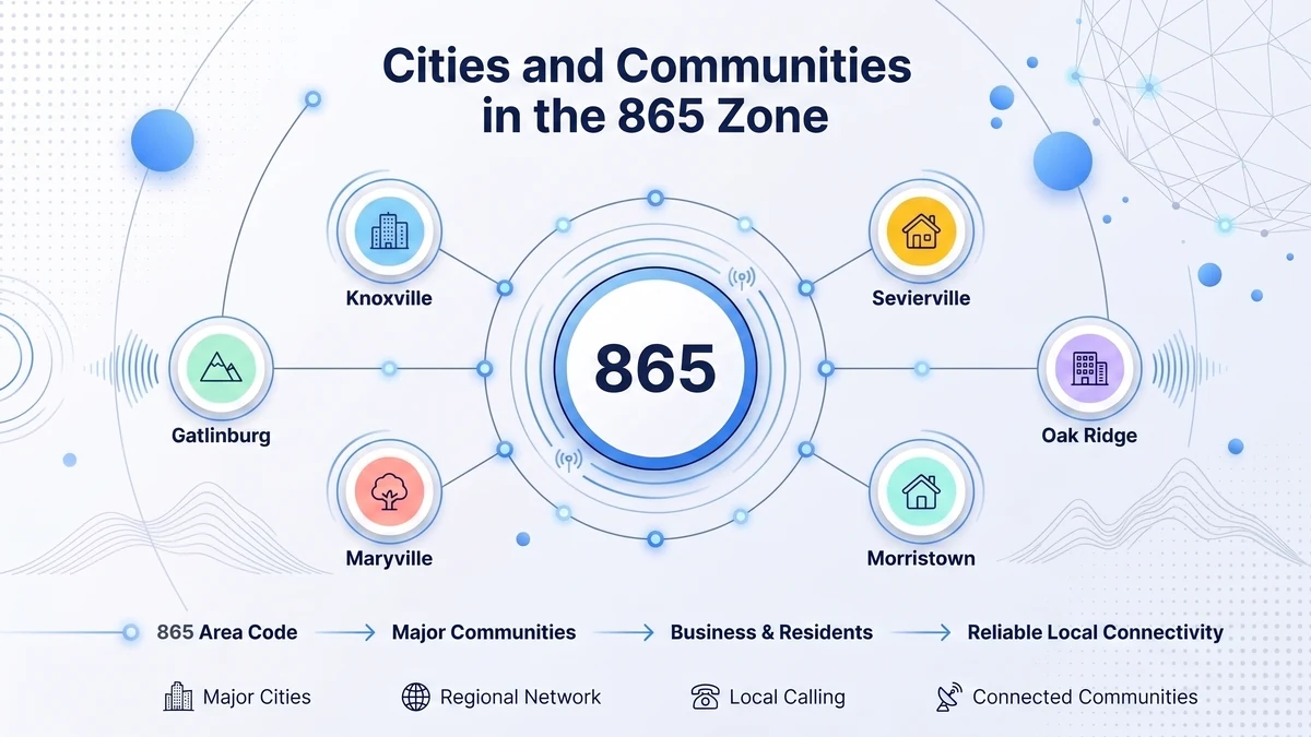 Cities in area code 865 — Knoxville, Oak Ridge, Maryville, Alcoa, Sevierville, Gatlinburg, Pigeon Forge, Clinton, Harriman, and Lenoir City across East Tennessee