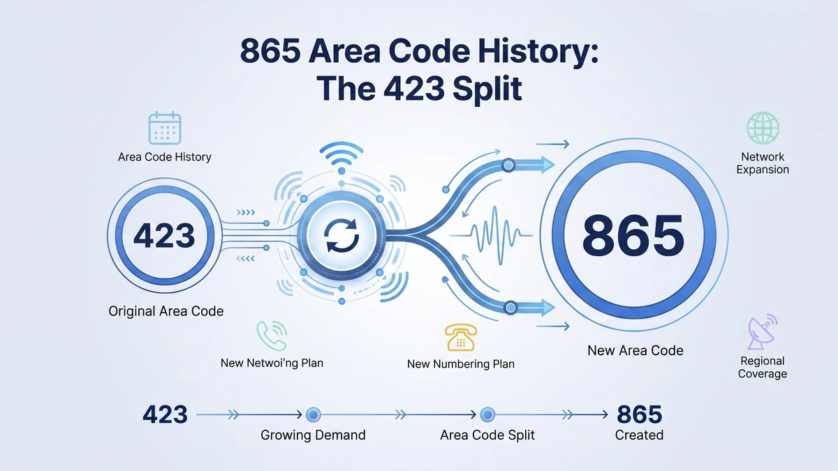 Area code 865 history — Tennessee numbering timeline from the 1995 creation of 423 for East Tennessee to the 1999 split that created 865 for Knoxville and the Smoky Mountains region
