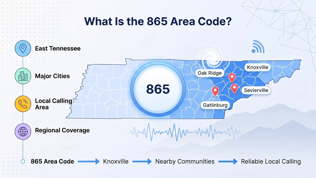 What is area code 865 — East Tennessee map covering Knoxville, Oak Ridge, Maryville, Sevierville, Gatlinburg, and Pigeon Forge around the Great Smoky Mountains