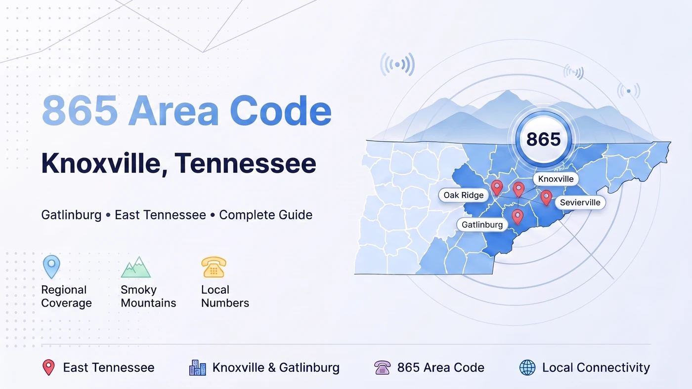 865 area code — East Tennessee coverage map showing Knoxville, Oak Ridge, Maryville, Sevierville, Gatlinburg, and Pigeon Forge around the Great Smoky Mountains