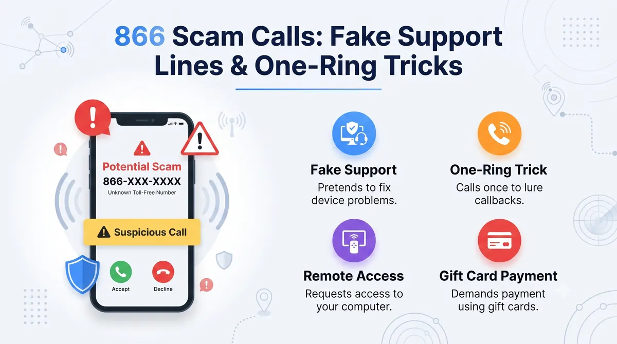 866 area code scam warning signs — fake support lines, one-ring callbacks, and payment pressure tactics