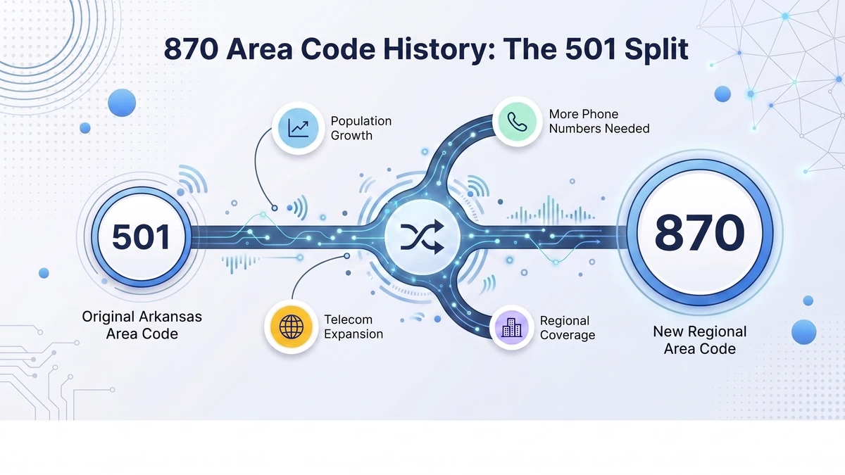 Area code 870 history — Arkansas numbering timeline from the original 1947 501 code, the 1997 870 split, the 2002 479 split, and the 2024 327 overlay