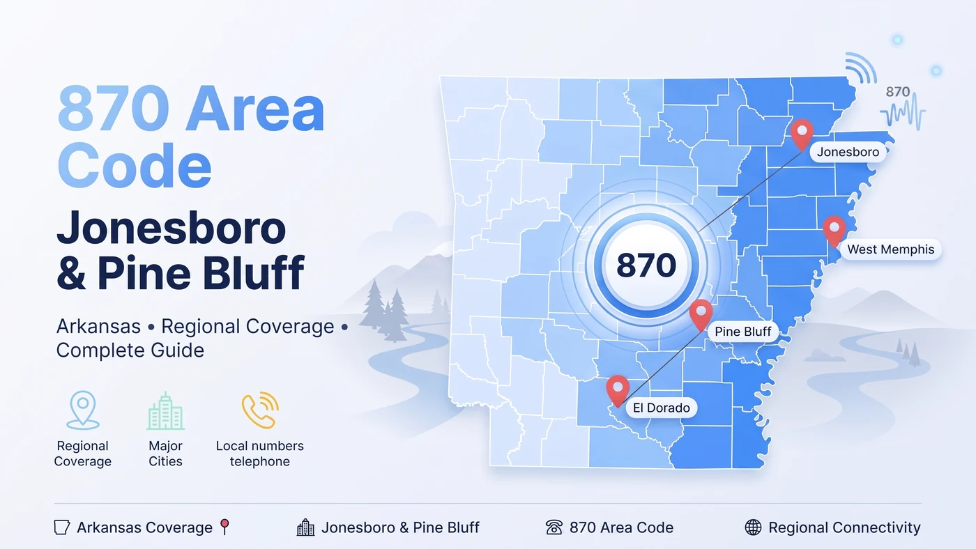 870 area code — Arkansas coverage map showing Jonesboro, Pine Bluff, Texarkana, West Memphis, Mountain Home, and El Dorado across most of the state