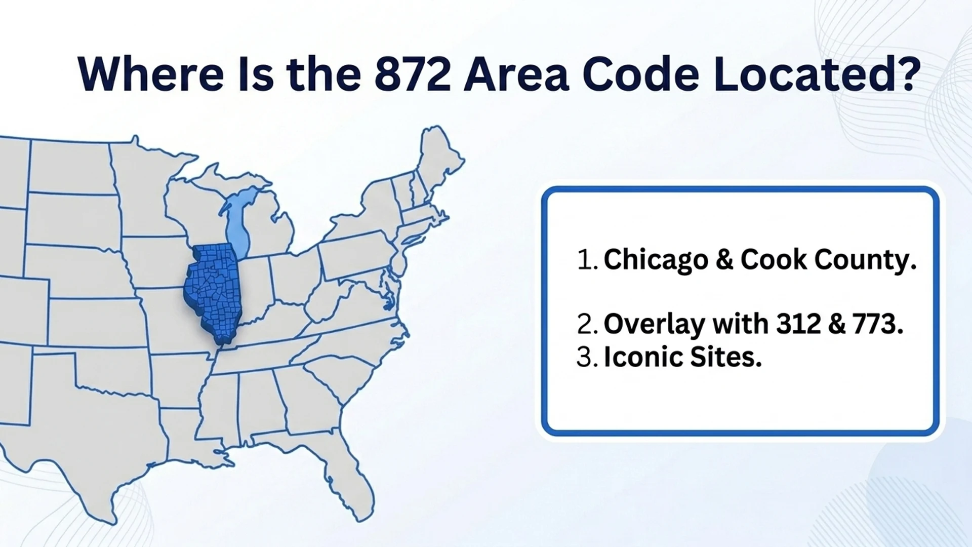 Where is the 872 area code located — Chicago and Cook County, overlaying 312 and 773, covering iconic Chicago sites