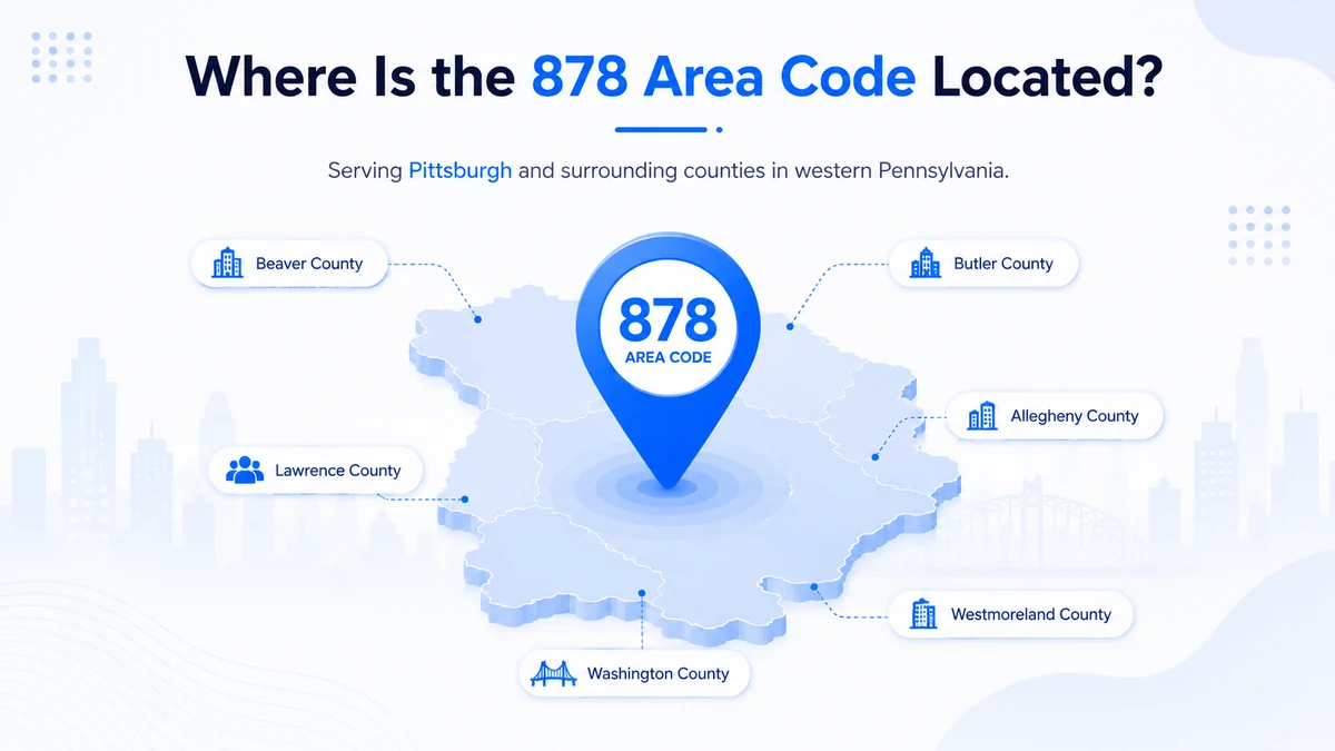 Where is the 878 area code located — western Pennsylvania coverage map showing Pittsburgh metro, Beaver County, Lawrence County, Butler County, and surrounding suburbs