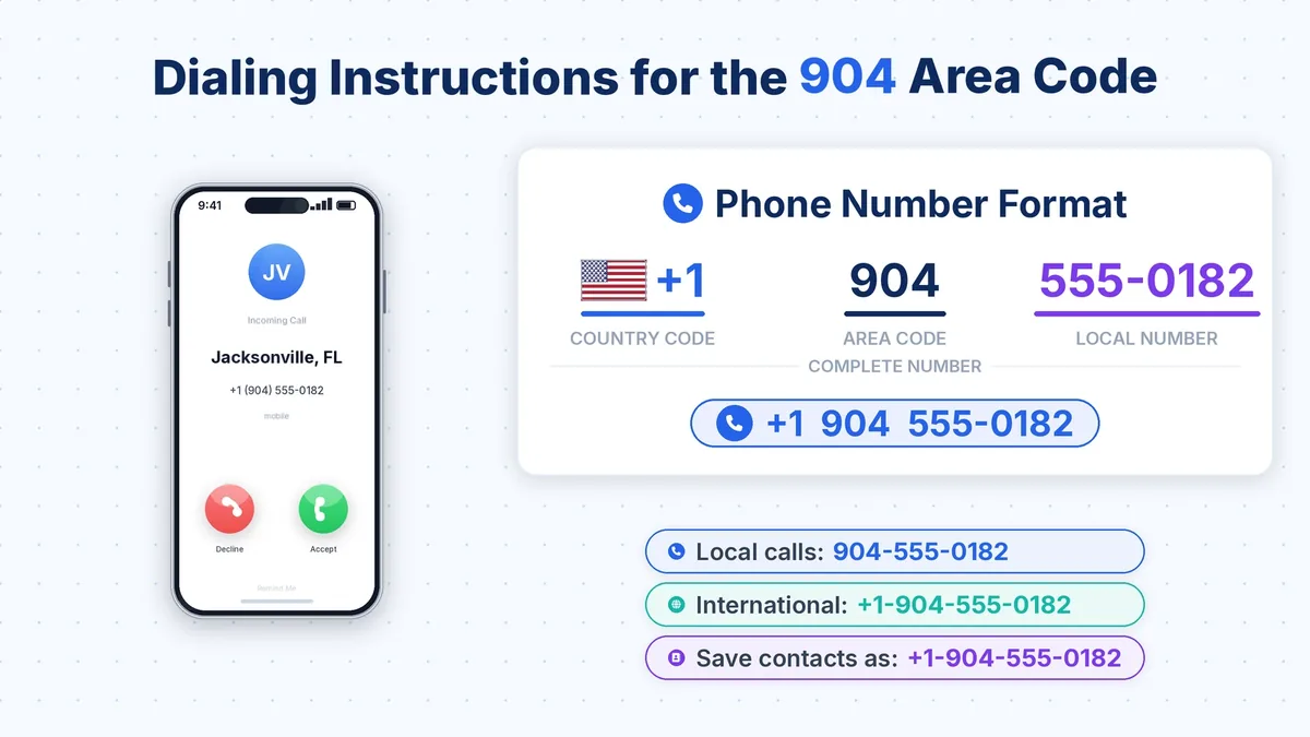 Dialing instructions for the 904 area code — local, long-distance and international format