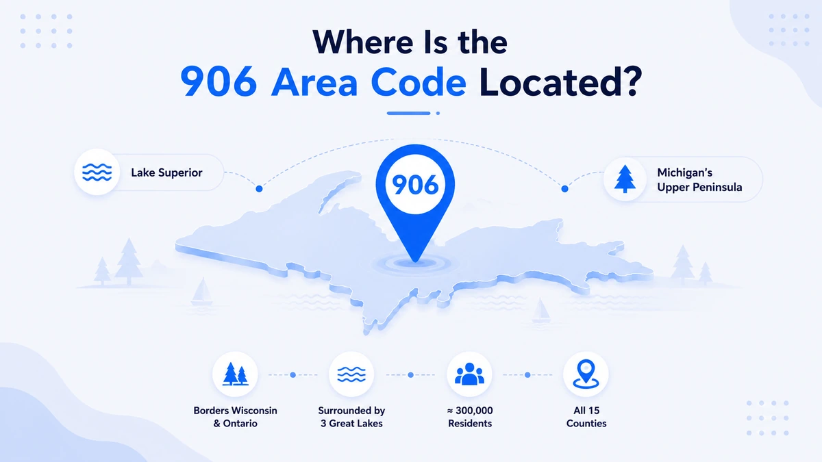 906 area code location map — all 15 Michigan Upper Peninsula counties bordering Lake Superior, Lake Michigan, Lake Huron, Wisconsin, and Ontario