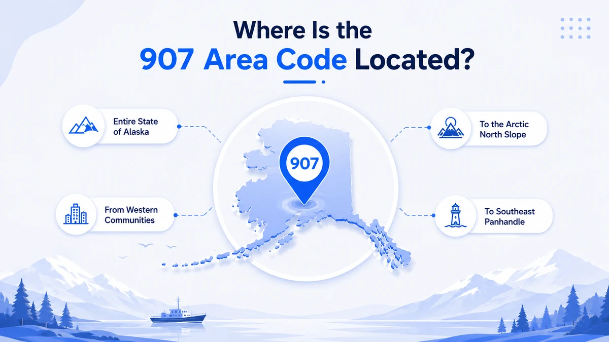 907 area code location map — entire state of Alaska including Anchorage metro, Fairbanks interior, Southeast Panhandle, Aleutian Islands, and Arctic North Slope