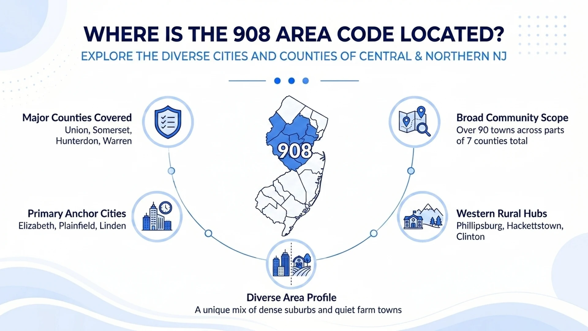 Where is the 908 area code located — Union, Somerset, Hunterdon, and Warren counties, anchored by Elizabeth, Plainfield, and Linden
