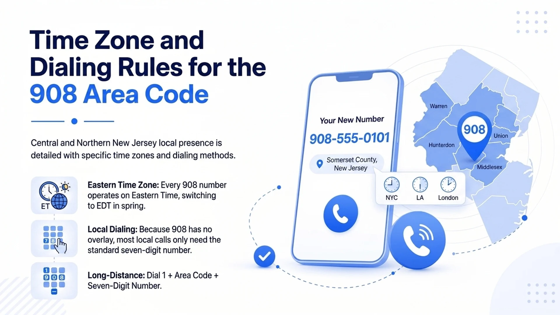 Time zone and dialing rules for the 908 area code — Eastern Time, seven-digit local dialing, and long-distance dialing format