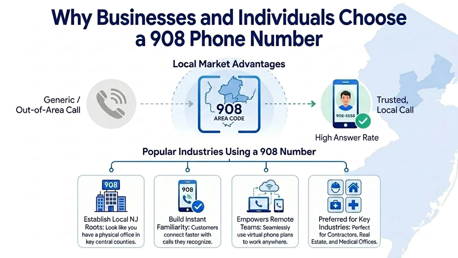Why businesses choose a 908 phone number — local market advantages, higher answer rates, and popular industries using a 908 number