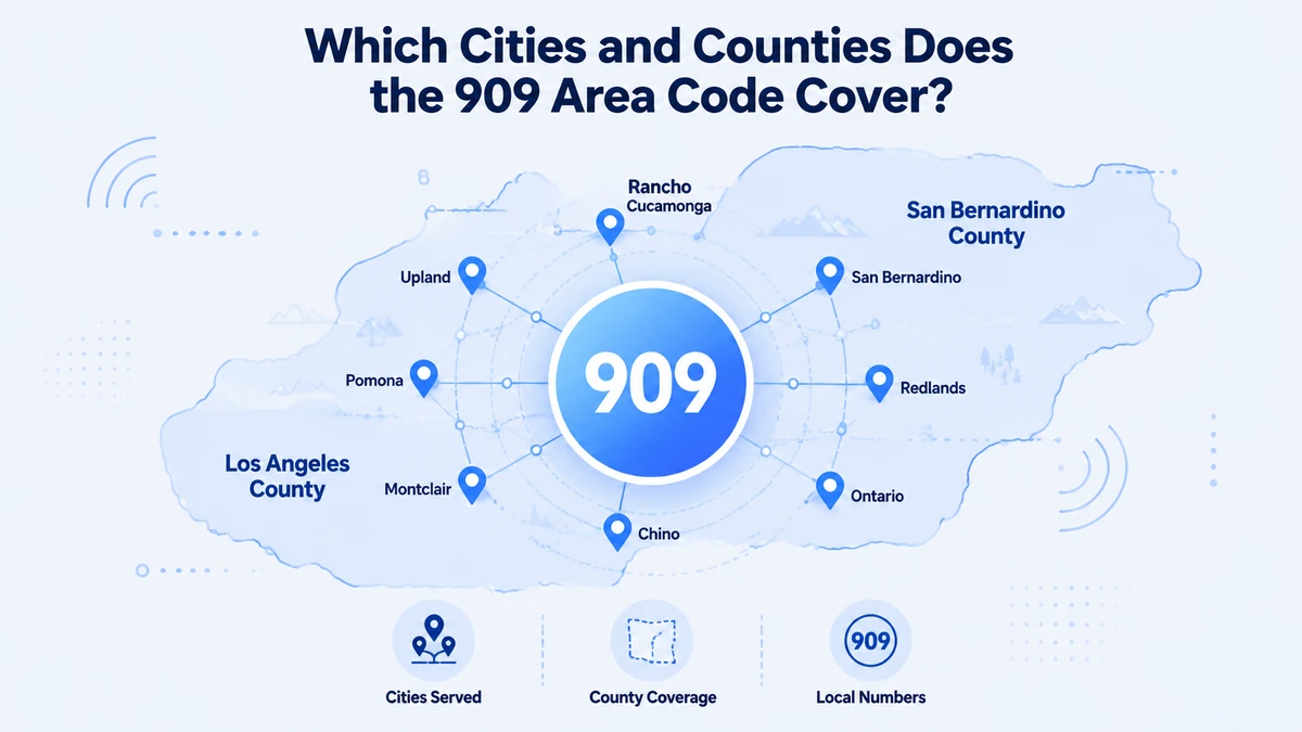 Map of cities covered by the 909 area code — western San Bernardino County including San Bernardino, Fontana, Ontario, Rancho Cucamonga, Rialto, Chino, Upland, Redlands, and Pomona in eastern LA County