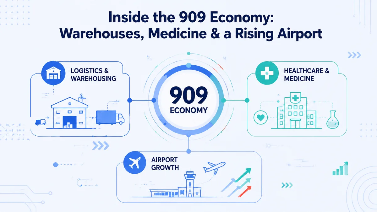 Economy of the 909 area code — Ontario International Airport air cargo hub, Inland Empire logistics warehouses on I-10 and I-15, Loma Linda University Medical Center, California State University San Bernardino, and Rancho Cucamonga commercial growth