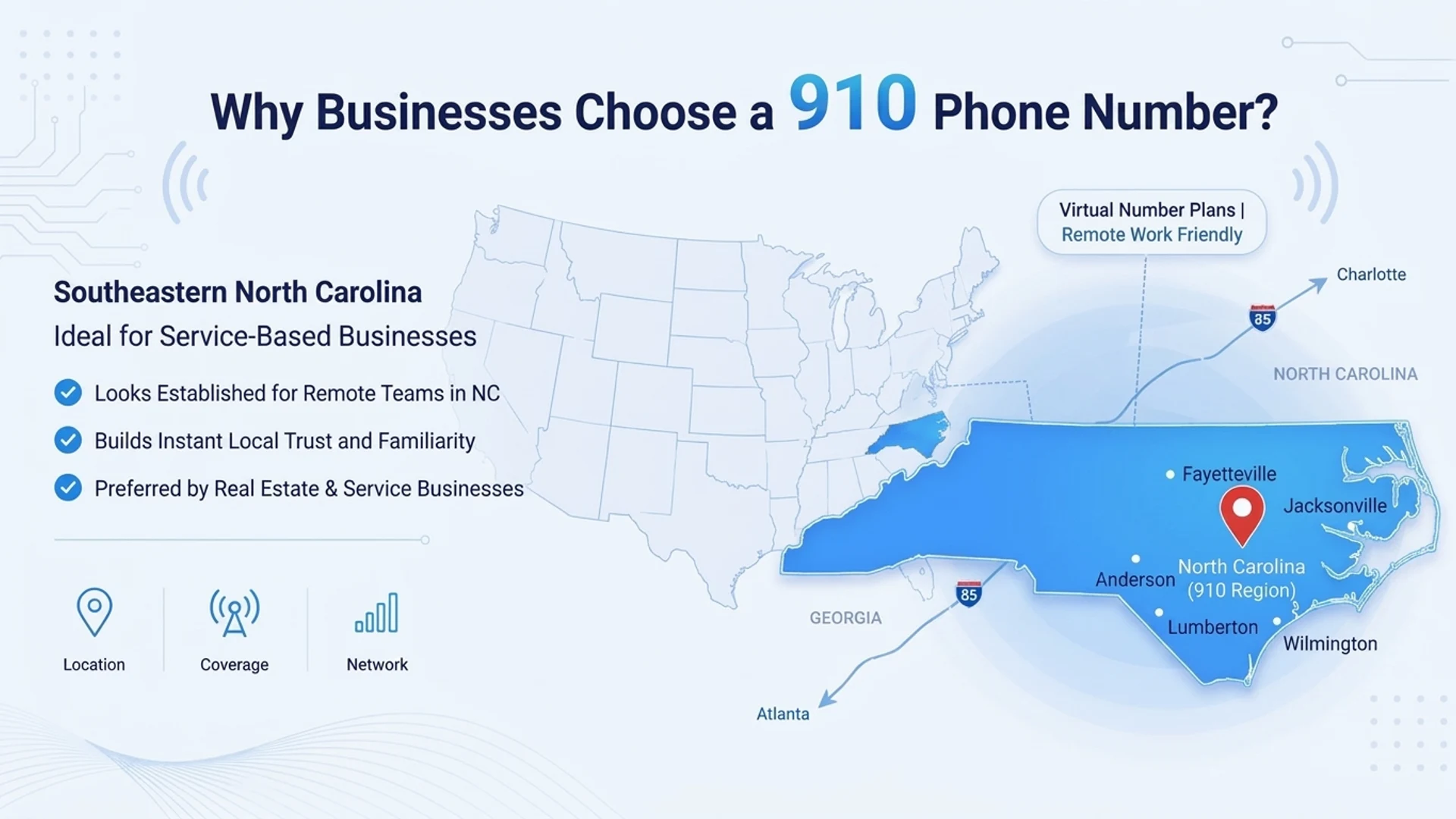 Why businesses choose a 910 phone number — Southeastern North Carolina, ideal for service-based businesses in Fayetteville, Jacksonville, and Wilmington