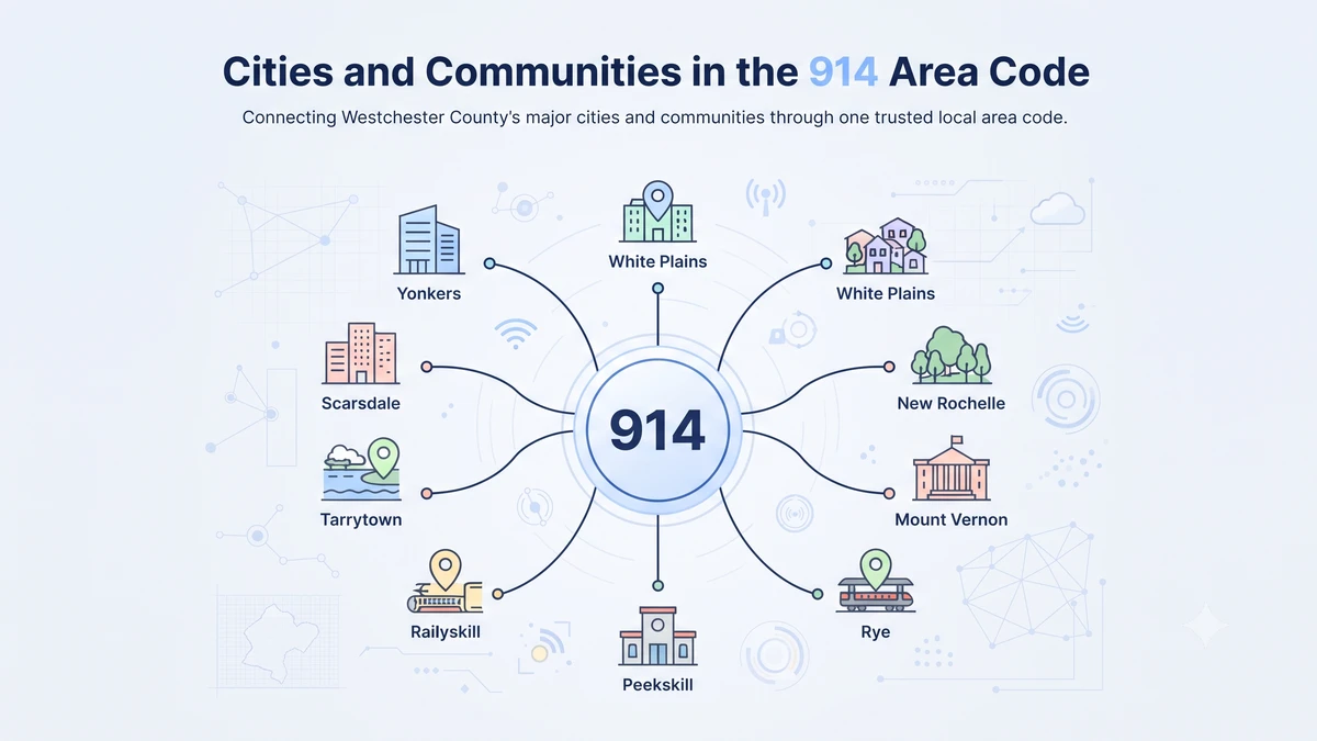 Cities in area code 914 — Yonkers, White Plains, New Rochelle, Mount Vernon, Peekskill, Ossining, Port Chester, Rye, Scarsdale, Harrison, Mamaroneck, and Tarrytown across Westchester County