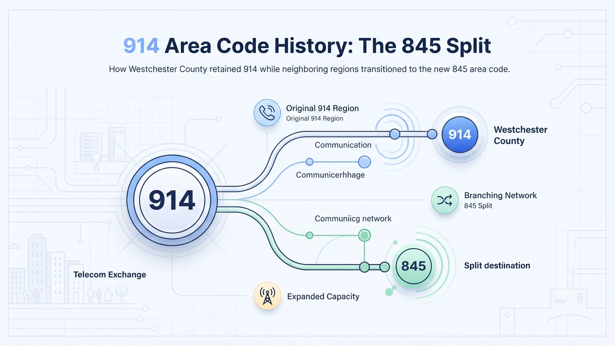 Area code 914 history — New York numbering timeline from the original 1947 code covering the northern suburbs, the 1951 Long Island 516 split, and the 2000 Hudson Valley 845 split