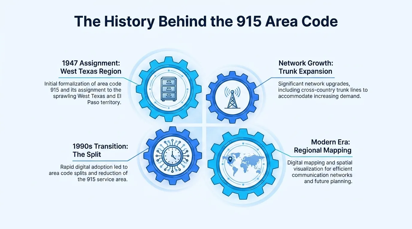 The history of the 915 area code — 1947 assignment through the modern overlay era