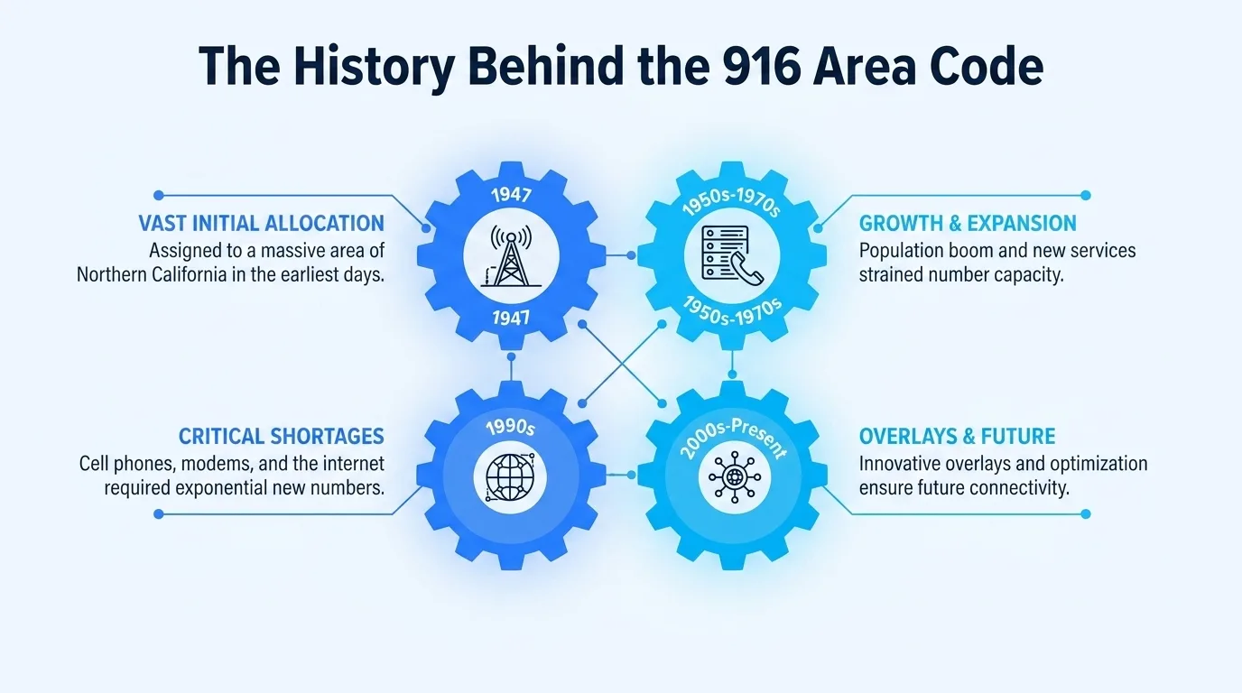 The history of the 916 area code — 1947 assignment through the modern overlay era