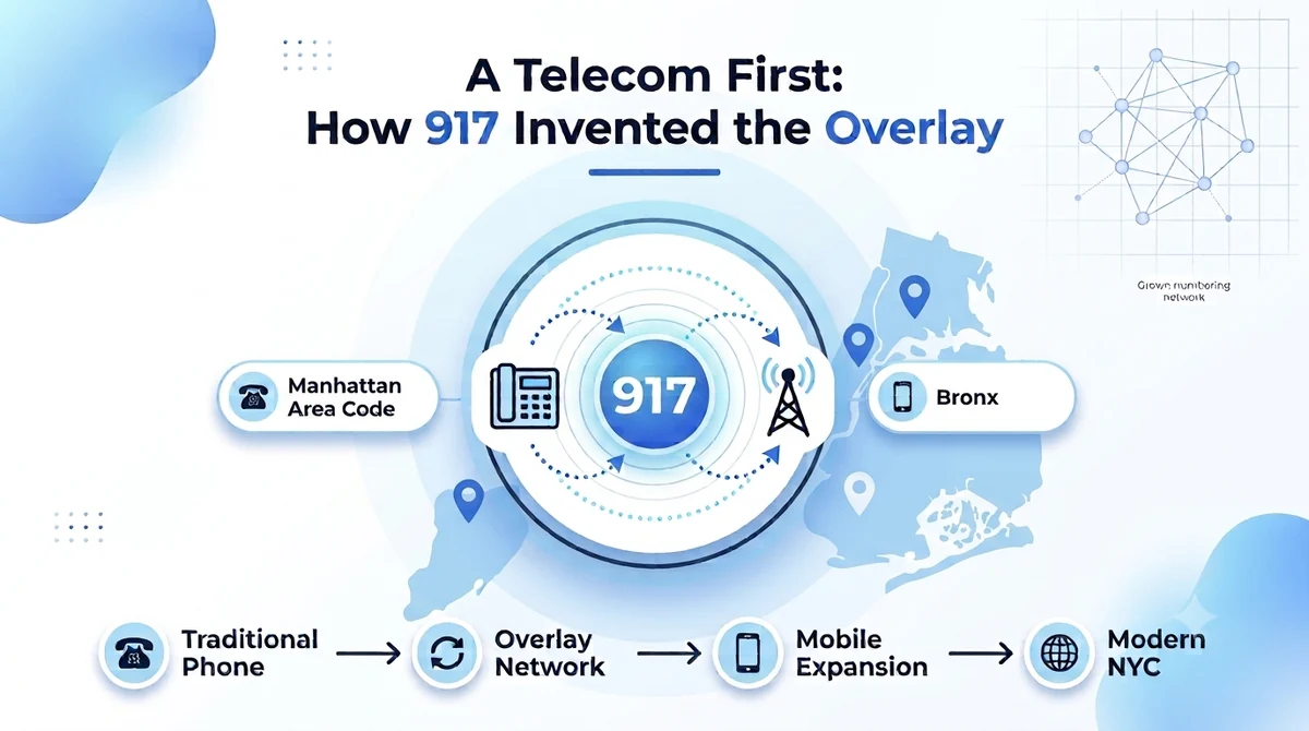 917 area code history — America’s first overlay, launched February 4, 1992 for NYC cellphones