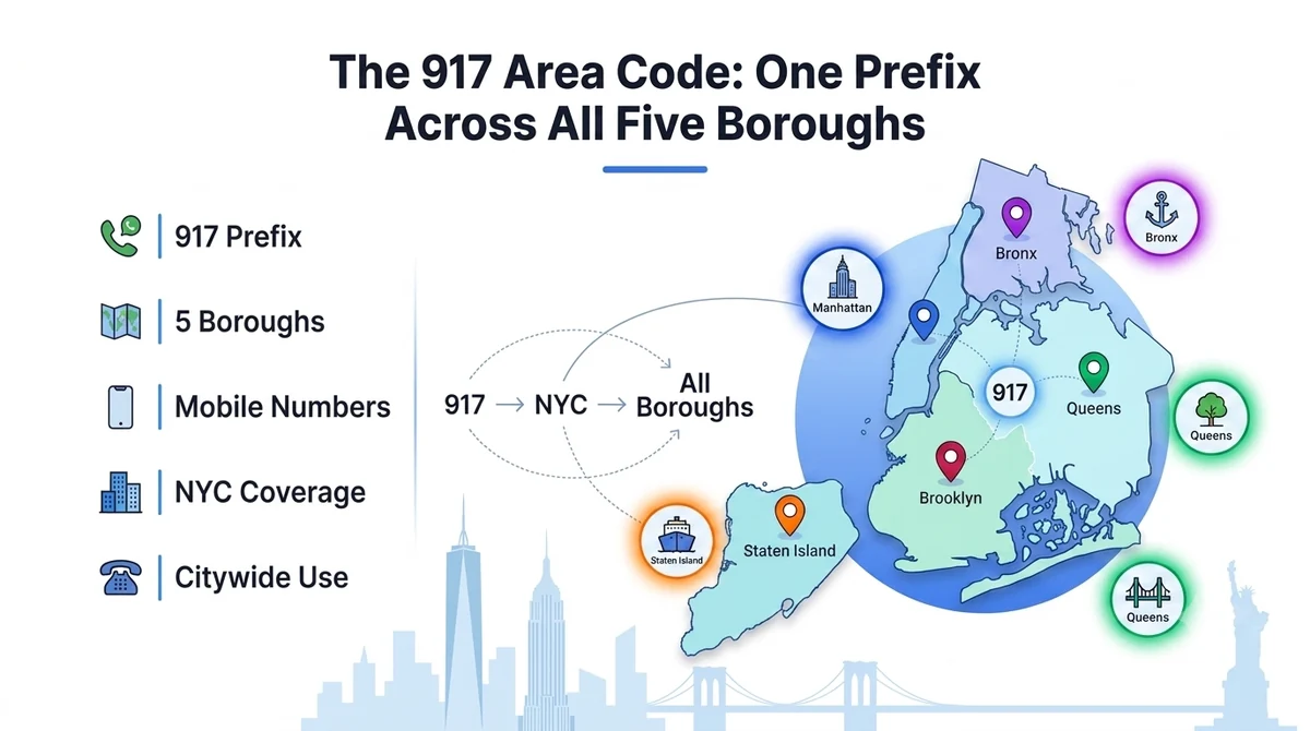 917 area code location — a single overlay covering all five boroughs of New York City