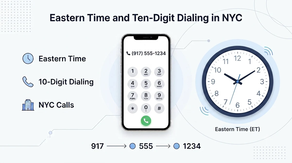 917 area code time zone — New York City on Eastern Time with mandatory 10-digit dialing