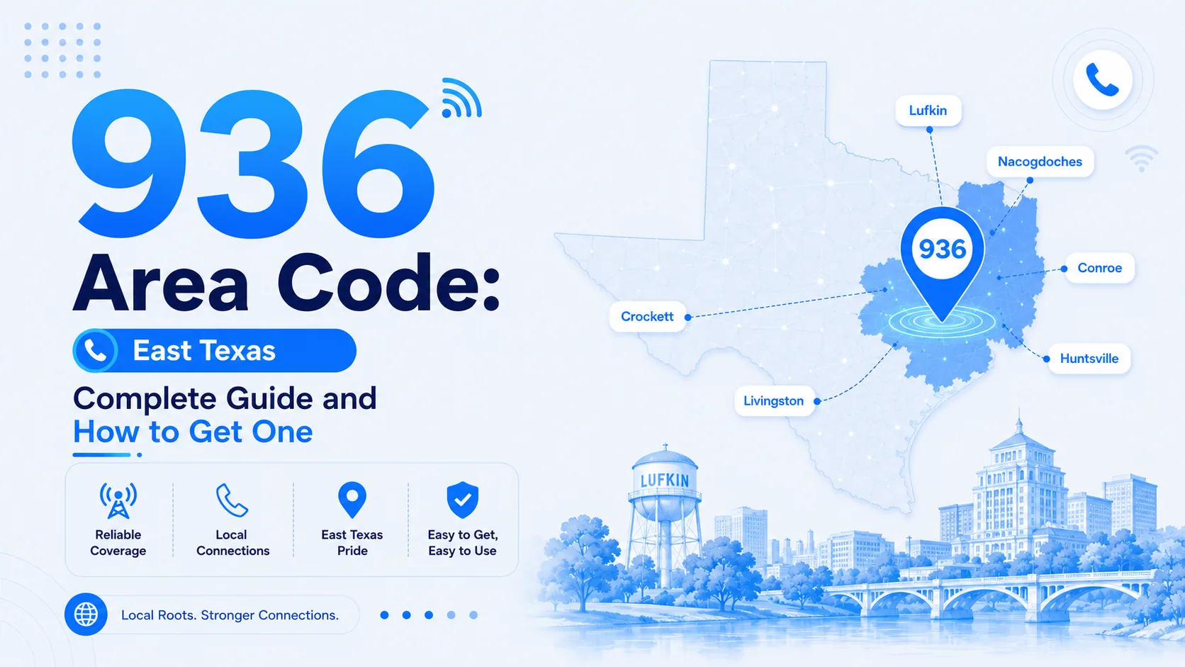 936 area code map — East Texas, Huntsville, Lufkin, Nacogdoches, Conroe