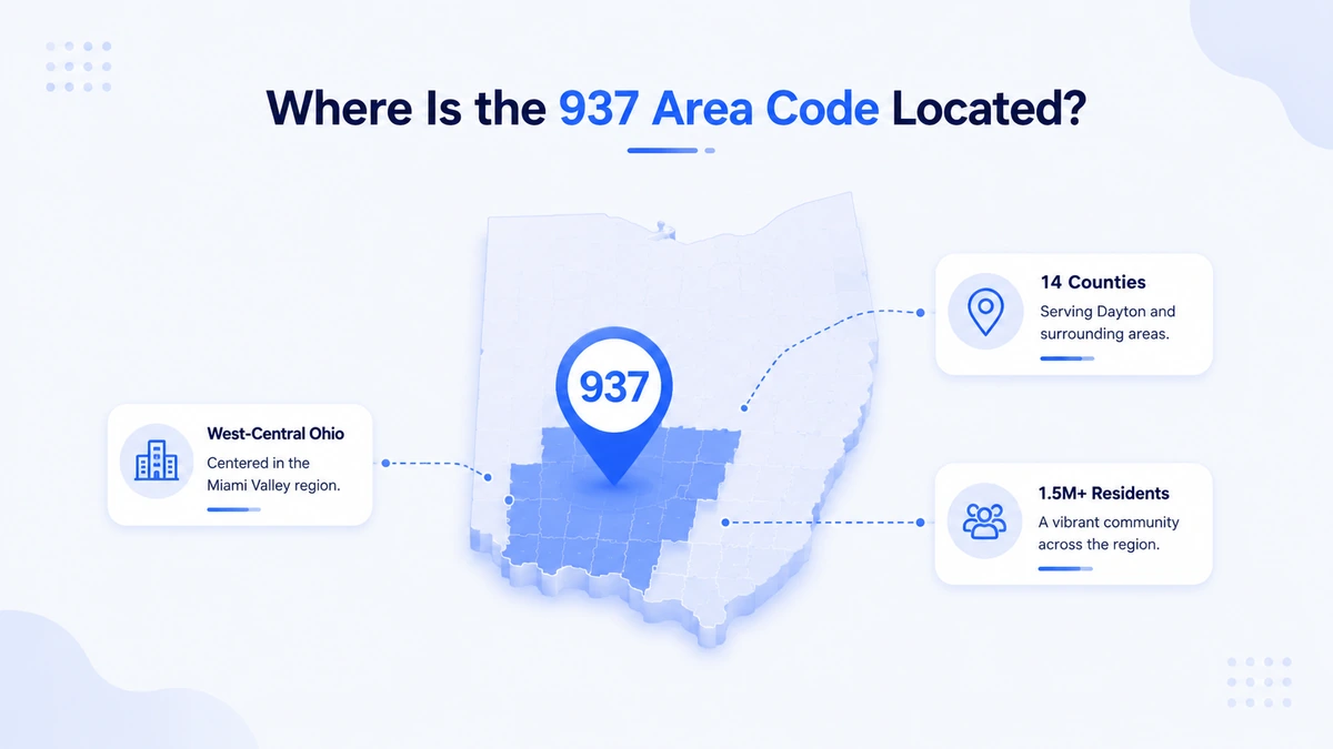937 area code location map — 14 counties in west-central Ohio including Montgomery, Greene, Clark, Miami, Darke, and surrounding Miami Valley counties