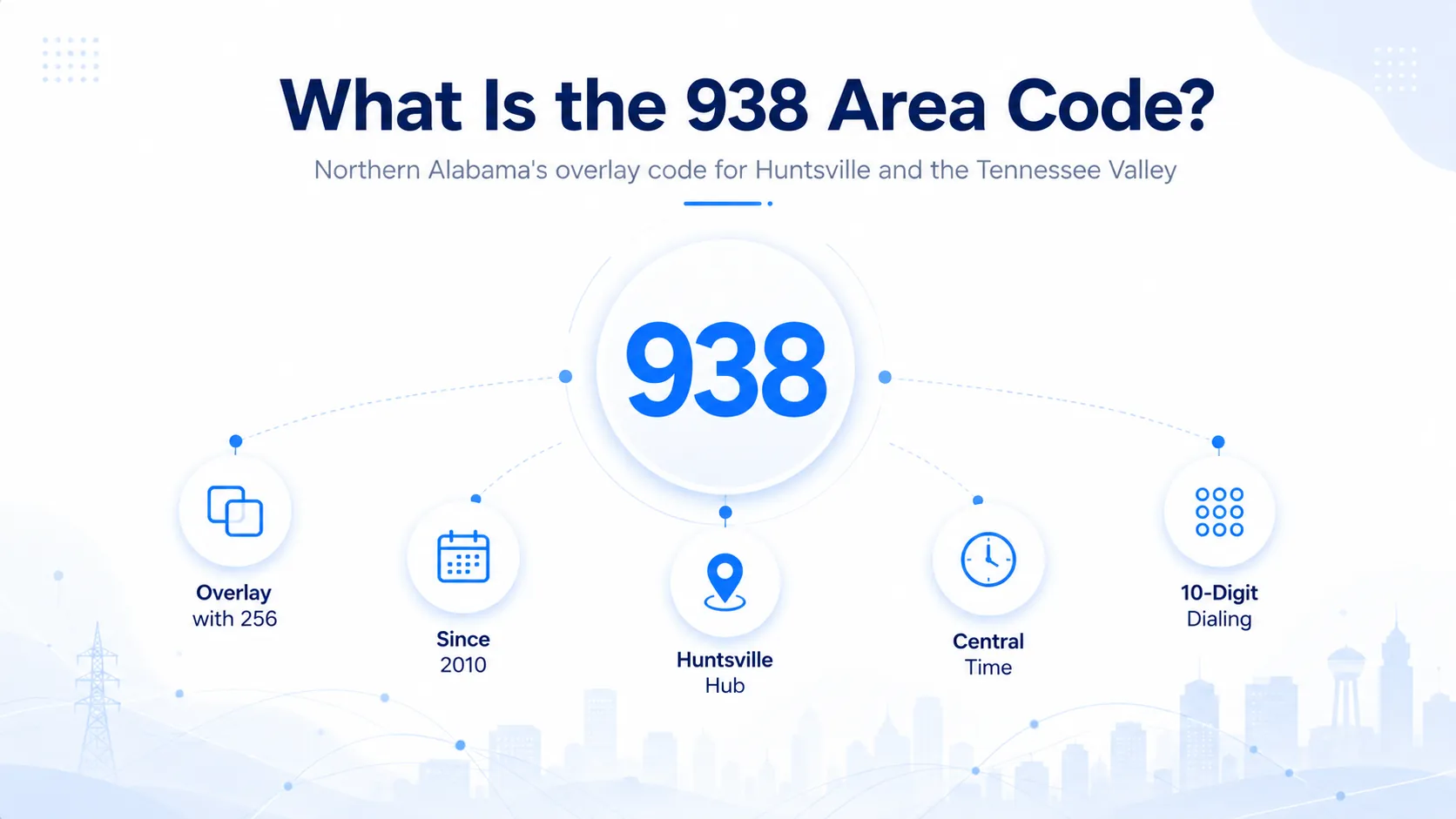 What is the 938 area code — overlay with 256, since 2010, Huntsville hub, Central Time, 10-digit dialing in Northern Alabama
