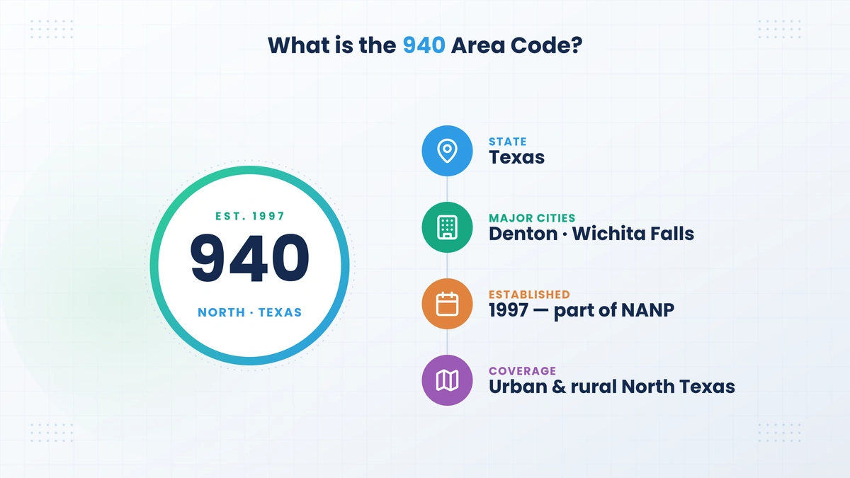 What is the 940 area code North Texas location and coverage map