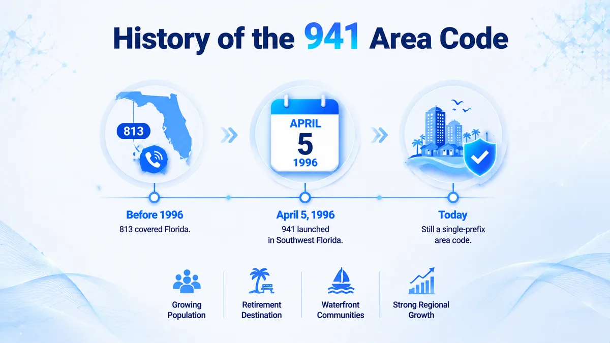 History of the 941 area code — from the original 813 area code that served all of West and Southwest Florida, through the April 1996 split that created the 941 prefix for the Suncoast region, driven by Sarasota and Manatee county population growth