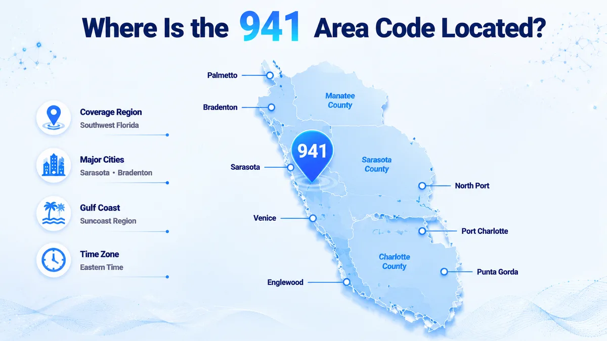 941 area code location map — Southwest Florida Gulf Coast covering Sarasota, Bradenton, Venice, North Port, Port Charlotte, Punta Gorda, Englewood, and Palmetto across Sarasota, Manatee, and Charlotte counties on Eastern Time