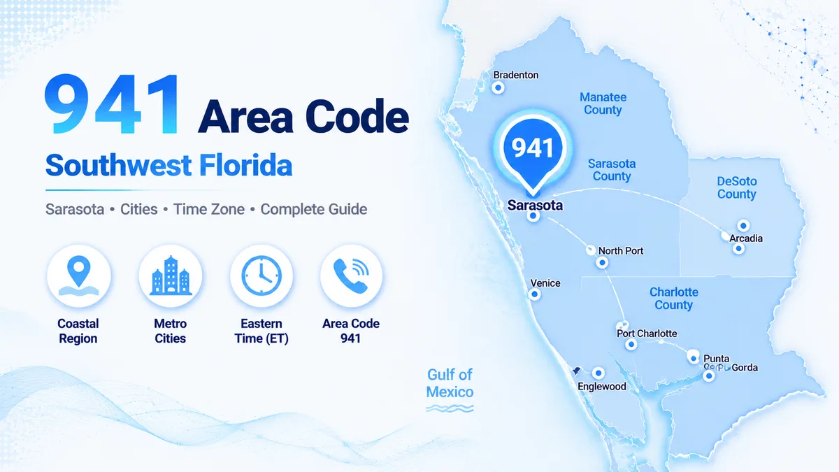 Sarasota bayfront and Southwest Florida Gulf Coast — 941 area code covering Sarasota, Bradenton, Venice, North Port, Port Charlotte, Punta Gorda, and Englewood across Florida's Suncoast on Eastern Time