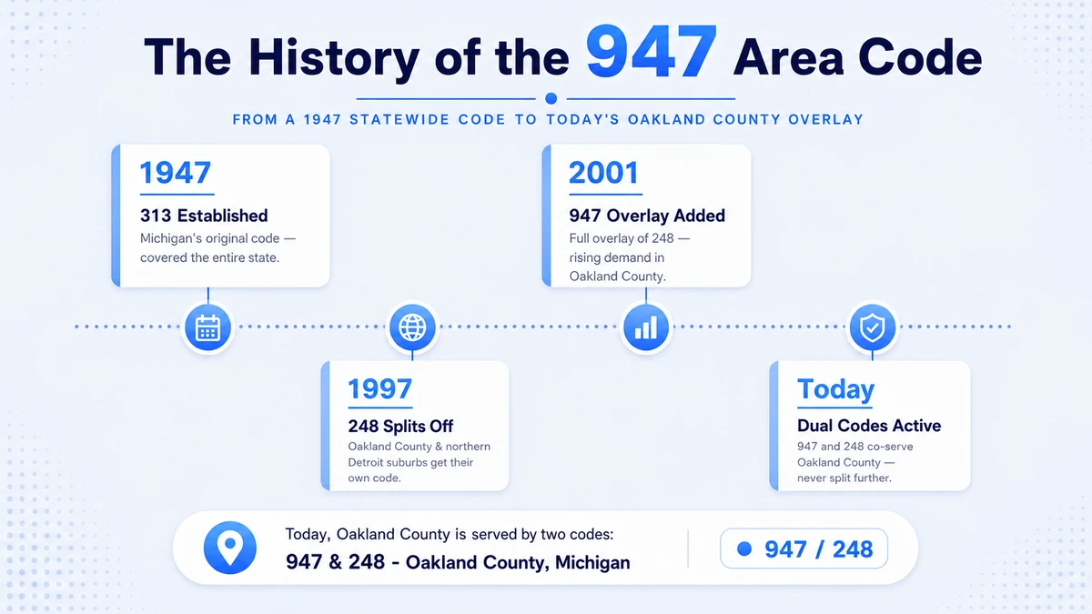 Timeline showing the history of the 947 area code from the 1947 creation of 313 for all of Michigan through the 1997 248 split and the 2001 947 overlay for Oakland County