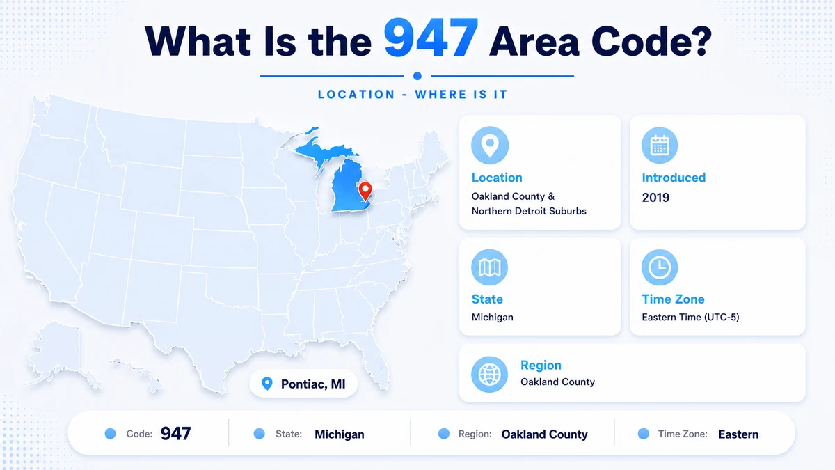 947 area code coverage map showing Oakland County Michigan including Troy, Auburn Hills, Pontiac, Southfield, Royal Oak, Birmingham, Bloomfield Hills and the northern Detroit suburbs