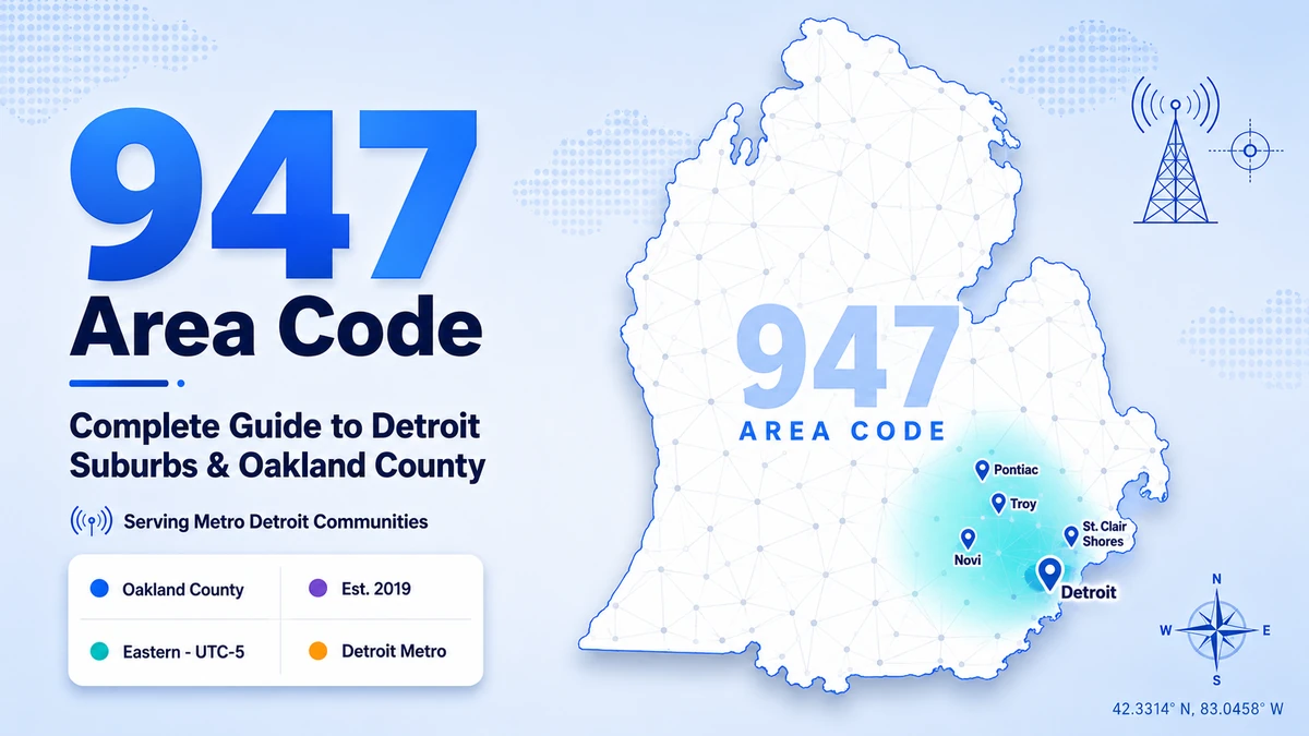 947 area code — Oakland County Michigan coverage map showing Troy, Auburn Hills, Southfield, Royal Oak, Birmingham, Bloomfield Hills and the Detroit northern suburbs