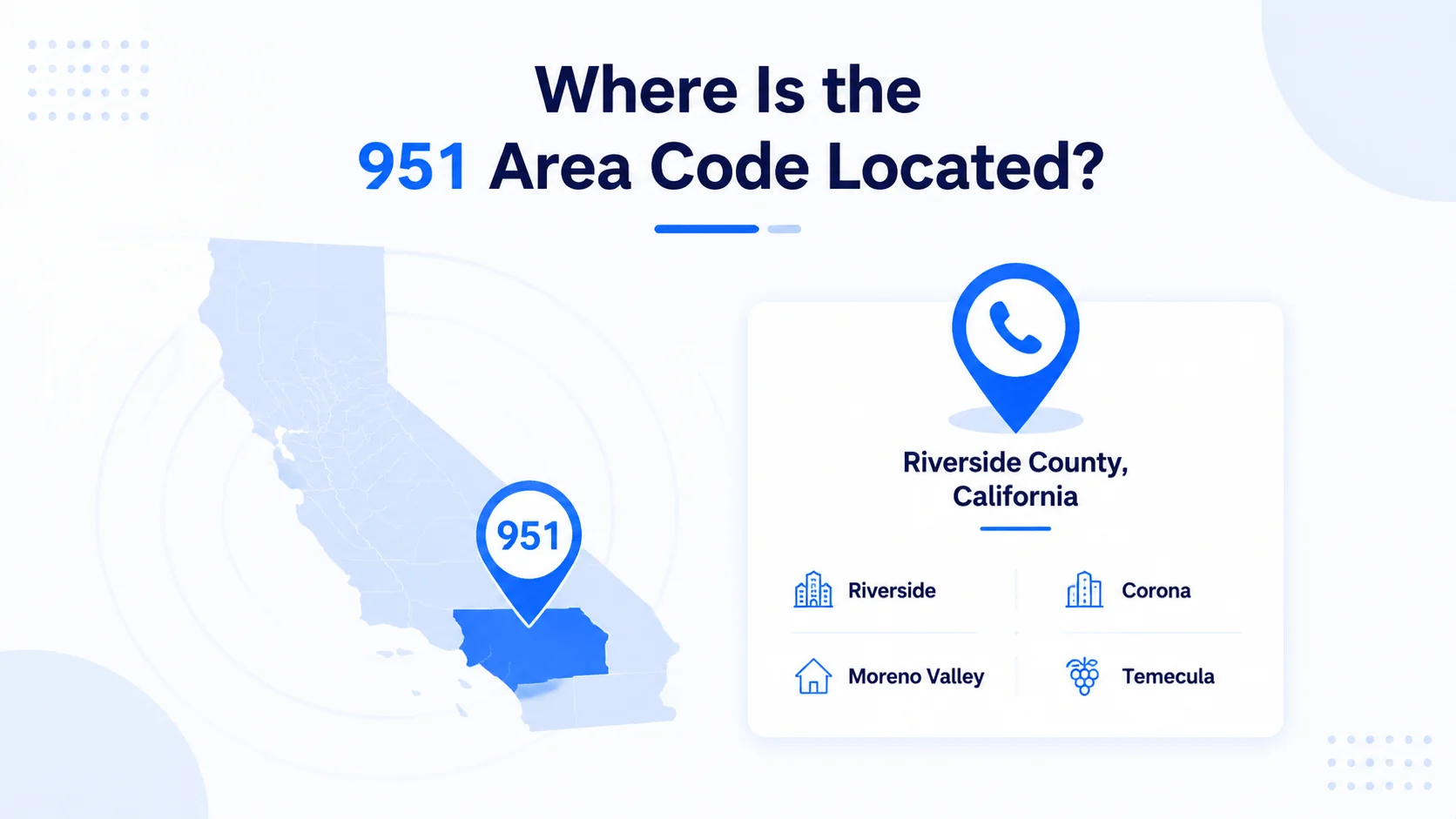 Where is the 951 area code located — Riverside County California map showing Riverside, Corona, Moreno Valley, and Temecula